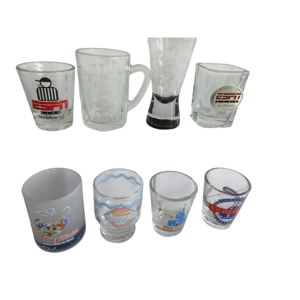 Disney World Shot Glass Lot of 8 ESPN Club Beach Yacht Club Magic Kingdom 2000